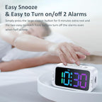 Dual Colorful Alarm Clock for Kids Bedroom - 0-100% Dimmer, 5 Alarm Sounds, USB Charger, Easy to Set, Weekday/Weekend Mode, Snooze, 12/24Hr, Battery Backup, Digital Clock for Teens Boys Bedside