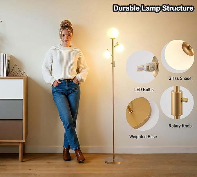 Fiqevs Upgraded Dimmable Globe Floor Lamp for Living Room, Mid Century Modern Gold Tree Floor Lamps with LED Bulbs, Elegant Standing Lamp for Bedroom Office Dining Room