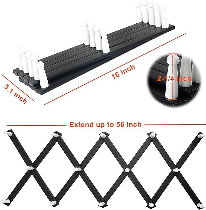Dseap Accordian Wall Hanger: 16” High Wooden Wall Expandable Coat Rack, Hat Rack Holder, Accordion Hook for Baseball Caps, Coats, Mugs, 14 Peg Hooks, Black & White