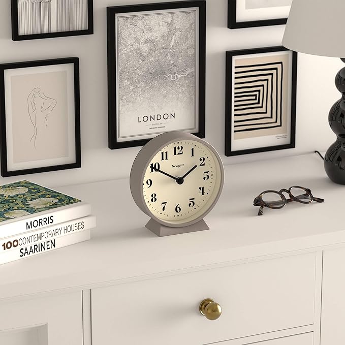 NEWGATE® Theatre Mantel Clock | Modern Classic Round Design | Stone | Contemporary Style for Desk, Table, Shelf or Bedside