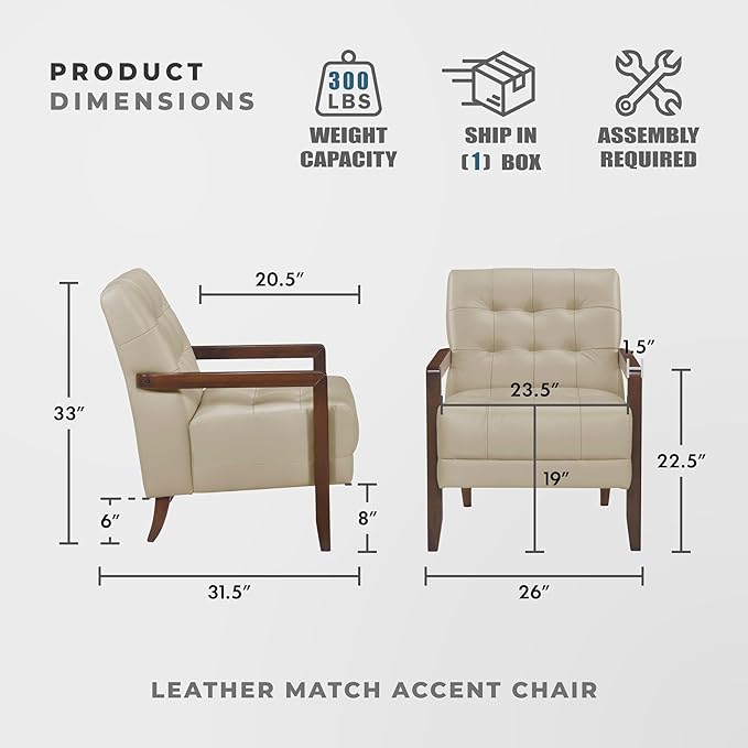 Lexicon Modern Accent Chair, Luxury Genuine Leather Match Living Room Chair With Tufted Cushions, Arm Chair With Solid Wood Frame, Comfy Single Chair For Living Room/Bedroom/Reading Room/Office, Beige