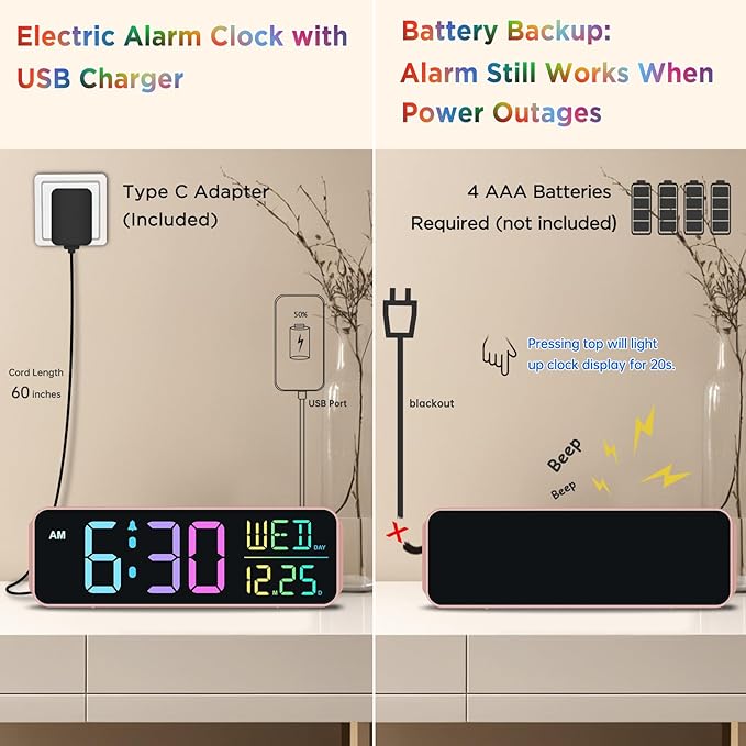 Peakeep Kids Digital Alarm Clock for Bedrooms, Date Day of Week Large Display Numbers 6 Brightness Dimmer, 5 Volume Loud for Heavy Sleepers, 8 RGB Colors Electric Desk Clock Battery Backup, Auto DST