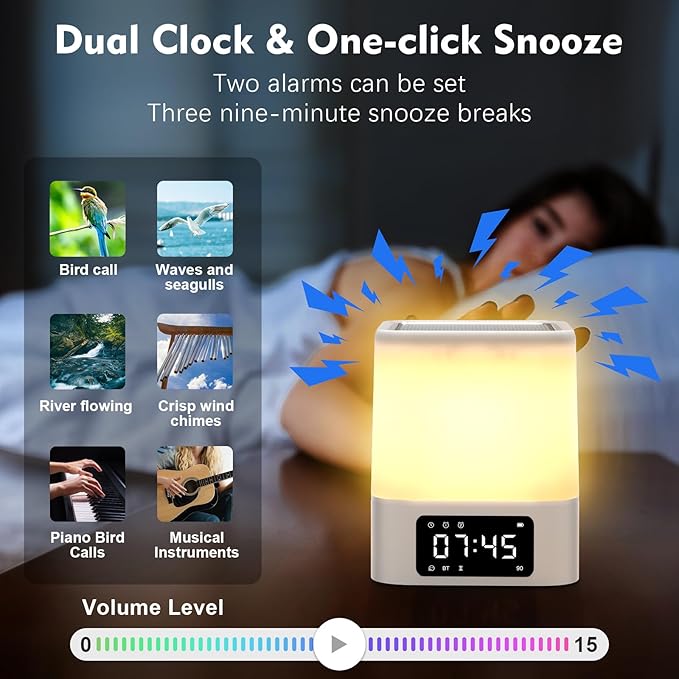 Night Light Bluetooth Speaker, Gifts for 10 11 12 13 14 15 Years Old Boys Teenager Girls, All-in-1 Dual Alarm Clock, Touch Sensor Bedside Lamp, 48 RGB Color Chang, MP3 Player, Wireless Speaker