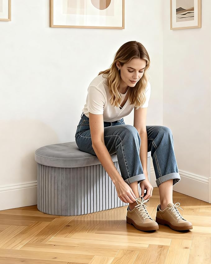 GLAXYFUR Oval Storage Ottoman Bench, Velvet Foot Rest, 30 Inch Folding Chest for Living Room, Bedroom, Grey