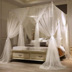VETHIN 4 Corners Post Princess Bed Canopy Curtain Double Layer Cozy Drape Netting 4 Opening Mosquito Net for Girls & Adults Bedroom Decoration Accessories (Double White, 59" W*82" L*82"*H/(Queen))