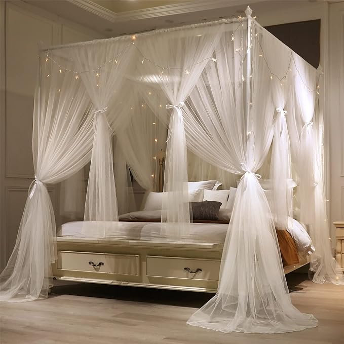 VETHIN 4 Corners Post Princess Bed Canopy Curtain Double Layer Cozy Drape Netting 4 Opening Mosquito Net for Girls & Adults Bedroom Decoration Accessories (Double White, 64" W*82" L*82"*H/(Queen))