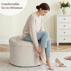 ONBRILL 25" Ottoman with Storage, Round Pouf Ottoman Foot Rest, Small Storage Foot Stool for Couch Bedroom Living Room, Books, Blankets & Kid's Toy Box, Load up to 220 lbs, Beige
