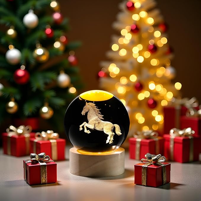 Horse Gifts for Women Men 3D Horses Crystal Ball with Wooden Light Base Glass Horse Night Light Animal Figurine Lamp Decor for Christmas Valentine Mothers Day Birthday (Diameter 2.36 inches)