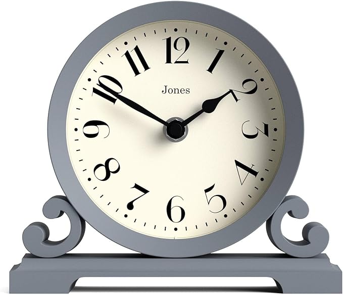 JONES CLOCKS® Saloon Mantel Clock | Traditional Double Scroll Design | French Navy | Contemporary Classic Style for Desk, Table, Shelf or Bedside