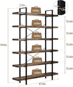 Bookshelf Set of 2, Heavy Duty 6-Tier Industrial Bookcase, 47" Wide Wood Bookshelf for Home Office, 120lbs Shelf Capacity, Rustic Open Display with Horizontal Shelf for Living Room Bedroom