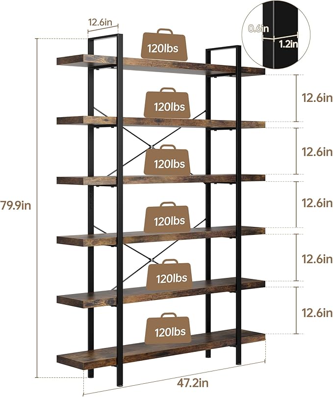 Bookshelf Set of 2, Heavy Duty 6-Tier Industrial Bookcase, 47" Wide Wood Bookshelf for Home Office, 120lbs Shelf Capacity, Rustic Open Display with Horizontal Shelf for Living Room Bedroom