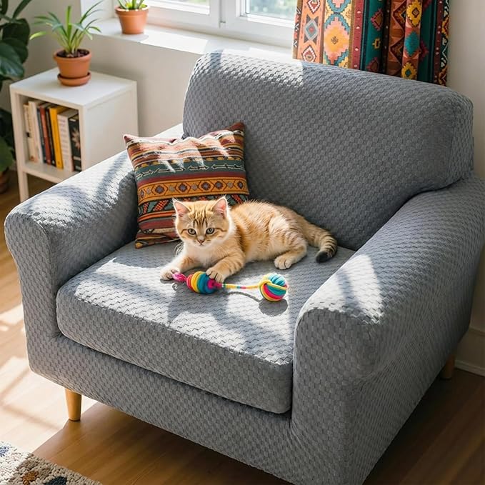 YEMYHOM Latest Checkered 2 Pieces Chair Covers for Living Room High Stretch Thickened Chair Slipcovers with Arms Anti Slip Elastic Armchair Sofa Couch Protector (Light Gray), 31"-46"(1 Cushion)