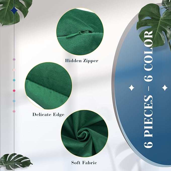 Pack of 6 Decorative Velvet Throw Pillow Covers Solid Square Soft Pillowcase Set Cushion Cases for Sofa Couch Bed Car Christmas Fall Home Decor 18 x 18 inch(Gold and Green)