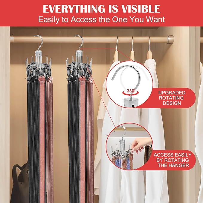 Belt Hanger for Closet, Rotatable Belt Organizer Closet Accessories Rack for Display, Holds up to 27 Items, 9 Large Non-Slip U-Shaped Holder Storage Hooks for Belt, Scarf, Silver