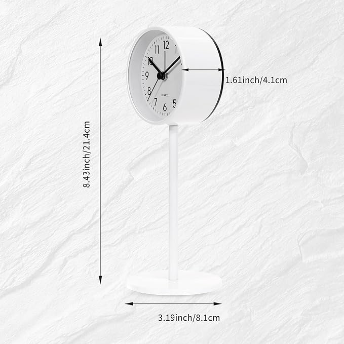QIYAODECO® 3.2" Analog Alarm Clock,Small Retro Desk Clock Battery Operated,Slient Metal Table Clock with Light for Living Room Decor,Bedroom,Bedside,Shelf (White)