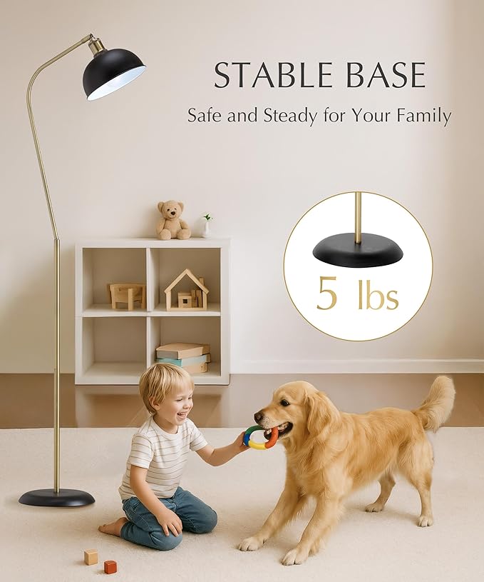 HarvestLand Halo Brass Floor Reading Lamp – Standing Reading Lamps with Solid Base, Black Reading Floor Lamp for Living Room, Bedside Table or Over Chair Use, Reading Light Standing Lamp