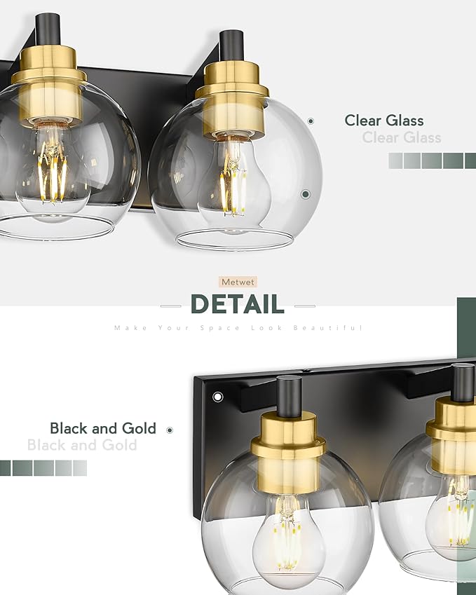 Bathroom Light Fixtures, 6-Light Black and Gold Bathroom Vanity Light, 38 Inch Modern Wall Sconces with Globe Clear Glass Shade, Vanity Lighting Fixtures Over Mirror, VL195-KG-6