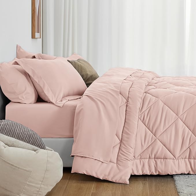 Love's cabin King Size Comforter Set Pink, 7 Pieces King Bed in a Bag, All Season Bedding Sets with 1 Comforter, 1 Flat Sheet, 1 Fitted Sheet, 2 Pillowcase and 2 Pillow Sham