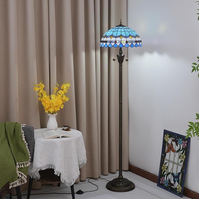 Tiffany Floor Lamp Blue Mediterranean Style Stained Glass Floor Light Bright Lighting Rustic Standing Lamp Vintage Unique Bronze Reading Corner Lamp for Home Decor Living Room Bedroom 16X16X64 Inches