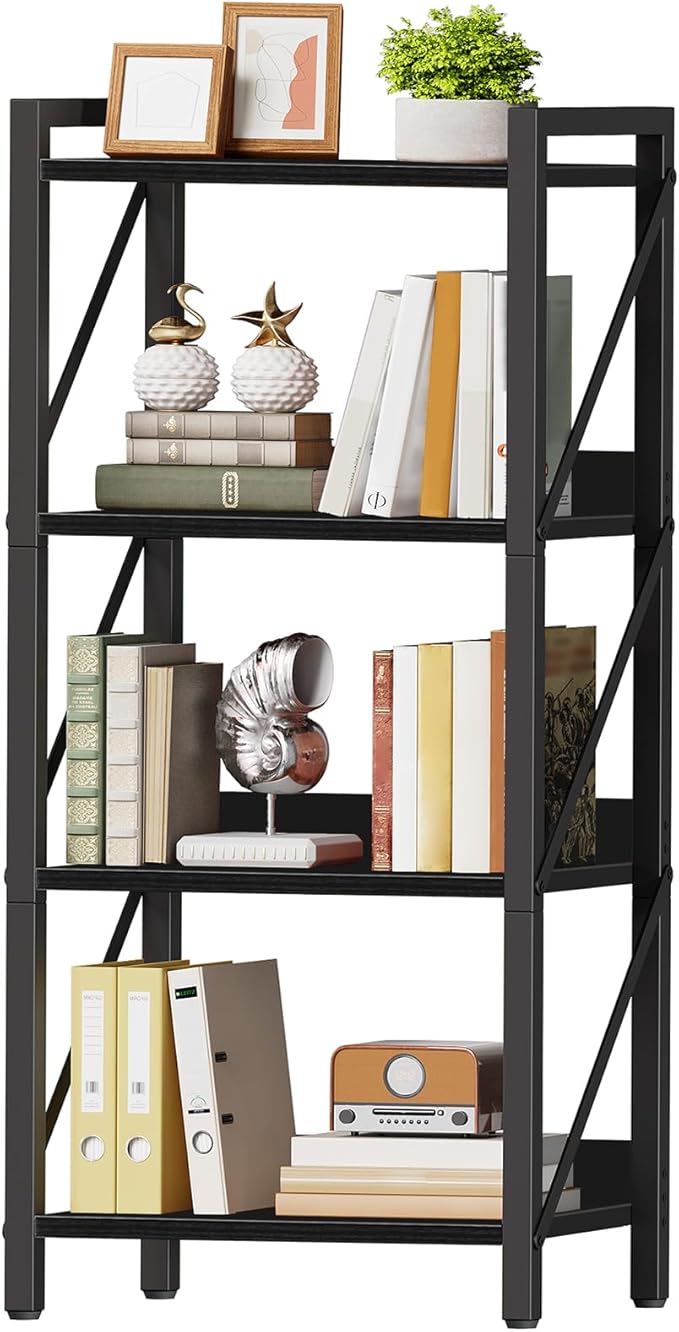 HOOBRO Bookshelf, 4-Tier Industrial Bookcase, Book Shelf Storage Organizer, Small Bookshelf with Metal Frame for Living Room, Bedroom, Home Office, Kitchen, Black BB40SJ01