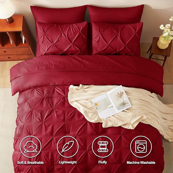 CozyLux Queen Comforter Set Dark Red, 7 Pieces Pintuck Bed in A Bag, Premium Red Comforter Queen Size, Pinch Pleat Bedding Sets with Comforter, Sheets, Pillowcases & Shams