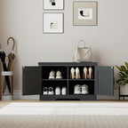 2-Tier Storage Bench, 27.6" Wide Shoe Bench with Padded Seat Cushion, Entryway Bench with 2 Barn Doors and Adjustable Shelf, Black