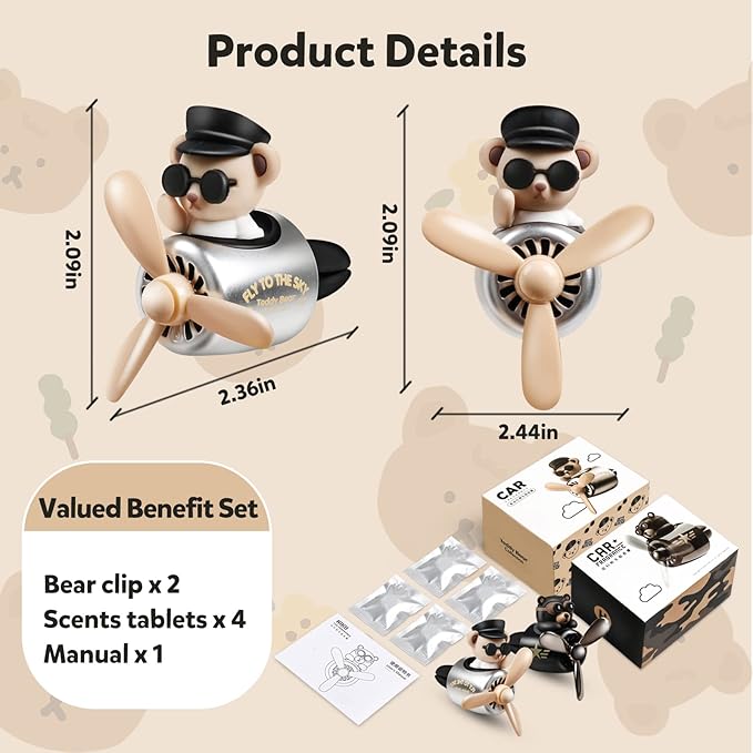 Bear Pilot Car Fresheners Vent Clip Cute Teddy New Car Scent Automotive Air Fresheners Cartoon Air Outlet Aromatherapy Ornament Thank You Gifts for Him Her Friends, Families