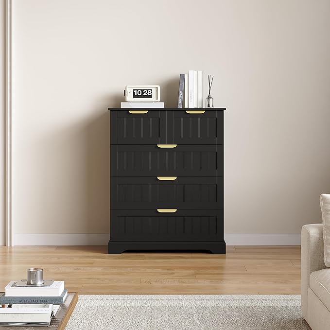 5 Wooden Drawer Dresser for Bedroom Storage, Modern Farmhouse Wood Chest of Drawers with Metal Handles, Wide Storage Cabinet for Closet, Living Room, or Entryway Black