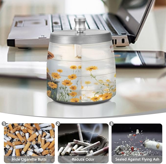 Cute Highland Cow Daisies Ashtray with Lid, Outdoor Ashtrays for Patio, Stainless Steel Ashtray Odorless Smokeless for Home Office Balcony