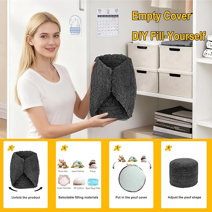 Unstuffed Ottoman Pouf Cover – Round Faux Fur Footstool Plush Floor Pouf (No Filler Included) Perfect for Living Room, Bedroom, or Office Lounge (Gray, 20x20x15 in)