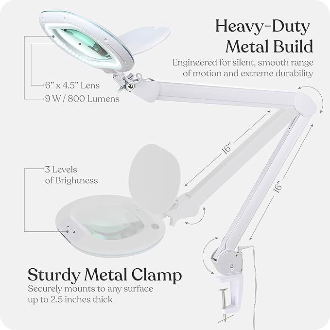 Brightech LightView Pro XL Magnifying Desk Lamp with Clamp, Adjustable Magnifying Glass with LED Light for Crafts, Reading, Close Work, Dimmable Light Magnifier with Wide Glass Lens