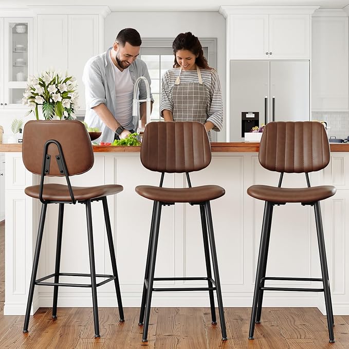 29-Inch Leather Bar Stools Set of 3, Counter Height Barstools with High Backrest，Bar Chairs for Kitchen Island with Heavy Duty Metal Legs, Dark Brown