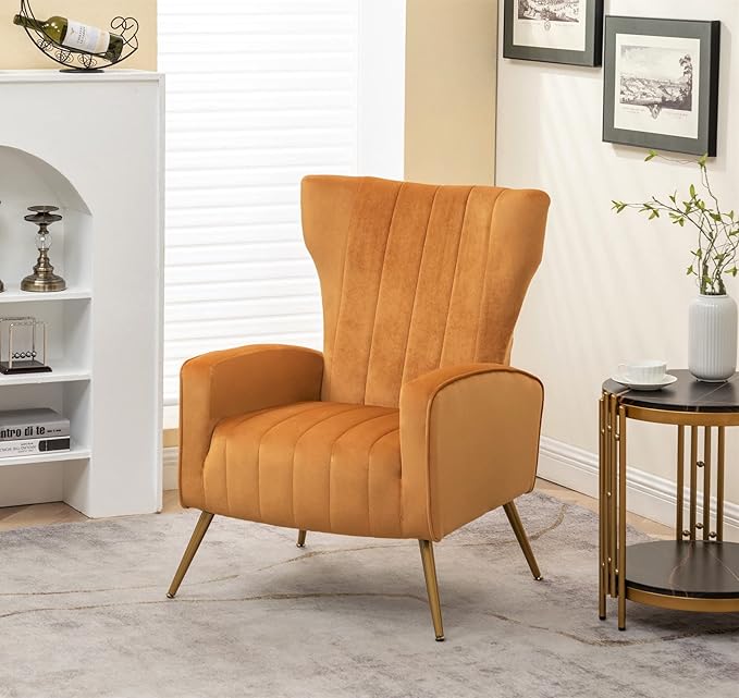 Modern Velvet Accent Chair, Channel Tufted Bedroom, Office or Living Room Furniture with Elegant Metal Legs, 26" Wide Armchair, Mustard Yellow