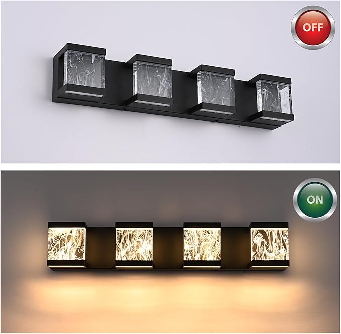 MELUCEE 4 Lights LED Bathroom Vanity Light with Unique Smoke Acrylic Panel Modern Vanity Lighting Black Bathroom Light Fixtures Wall Sconce for Bath Powder Room Entryway, 20W 3000K Warm Lighting