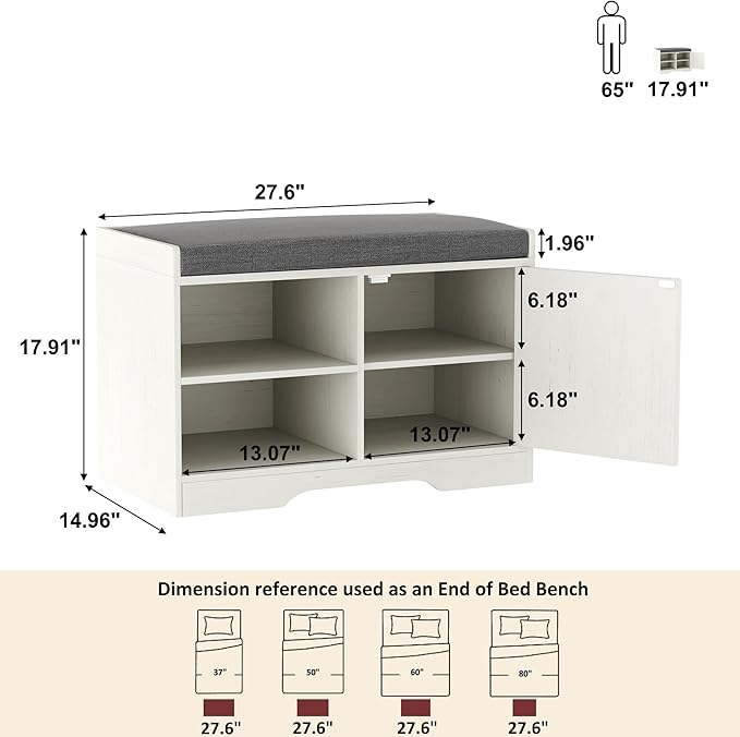HOMEFORT 2-Tier Shoe Storage Bench with Padded Cushion Seat, Entryway Bench with Adjustable Shelf and Barn Door, 27.6" Farmhouse Shoe Rack Cabinet Bench, 300 lbs Capacity, for Bedroom, Antique White