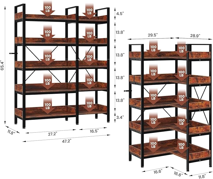 OUTLANE Reversible l-Shaped 5-Tier Industrial Bookshelf, 65 Inch Corner Bookcase with Open Wooden Shelves & Metal Frame, Adjustable Storage Rack for Home Office, Living Room Organization Furniture