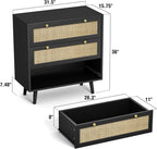 Anmytek Black Dresser for Bedroom with 3 Drawers, Modern Wood 3 Drawer Dresser, Black Chest of Drawer with Spacious Storage Rattan Dresser for Bedroom Living Room H0075