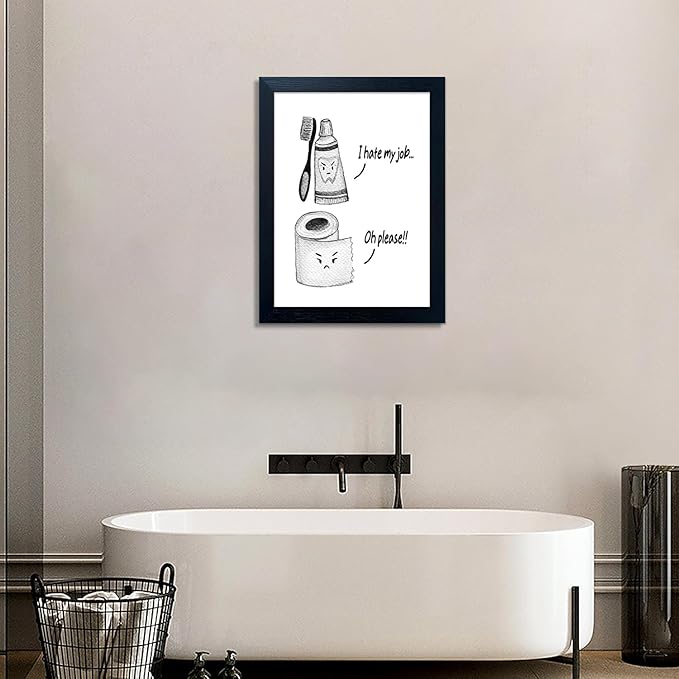 Kids Bathroom Decor Wall Art Black and White Bathroom Print Funny Toliet Paper and Toothbrush Picture Framed Artwork for Children's Washroom