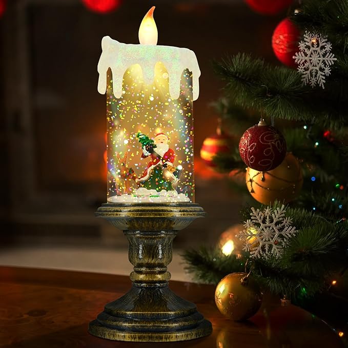 Christmas Flameless Candles, Flickering Flameless Candles with Timer, Christmas LED Candles Battery Operated, Snow Globe Candle Light for Christmas Decorations
