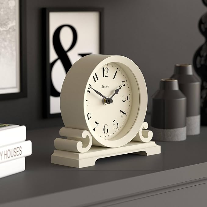 JONES CLOCKS® Saloon Mantel Clock | Traditional Double Scroll Design | Pale Cream | Contemporary Classic Style for Desk, Table, Shelf or Bedside