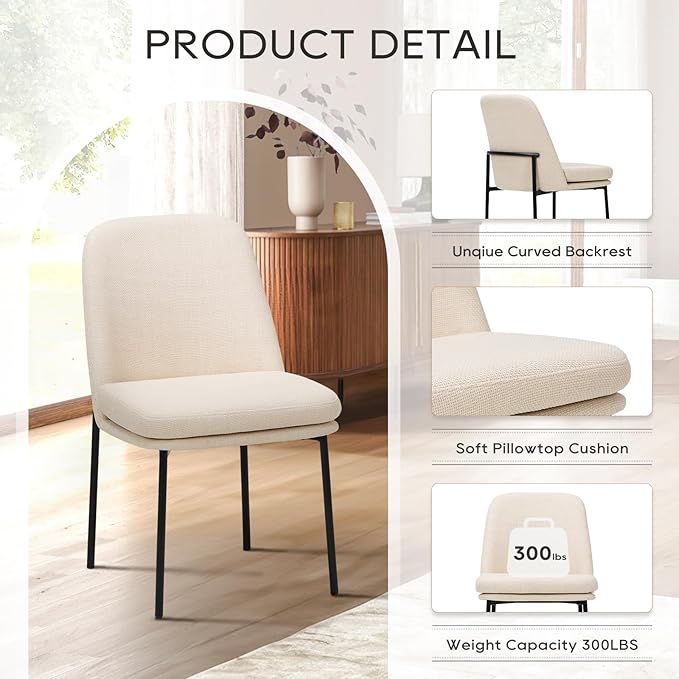 COLAMY Dining Chairs Set of 6, Modern Dining Chairs, Fabric Upholstered Dining Chairs, Kitchen Chairs with Curved Back and Metal Legs for Dining Room Kitchen Restaurant, Beige