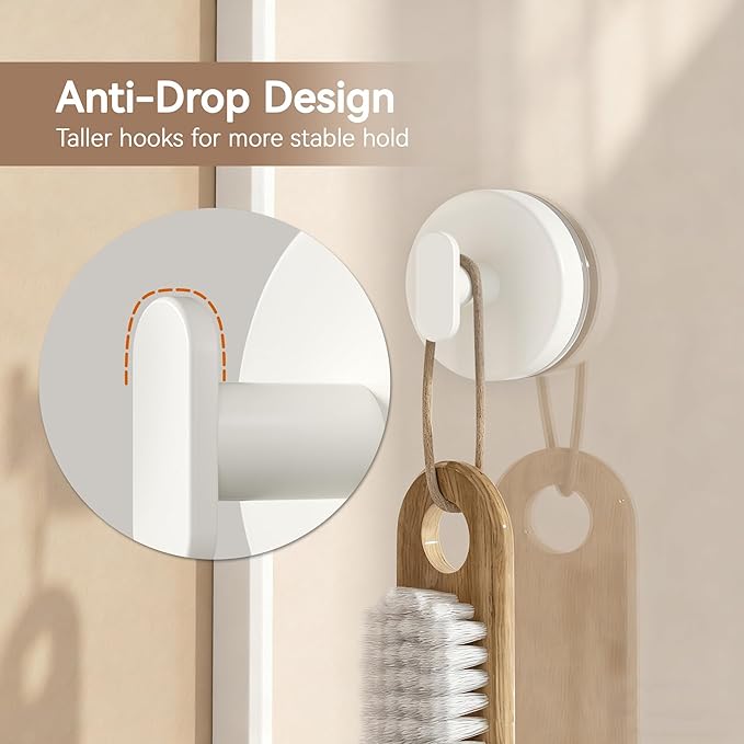 Suction Cup Hooks for Shower: 15 LB Strong Wall Hanger for Bathroom, Front door, Glass, Window, RV, Holder for Towel, Christmas Wreath, Coat, Loofah, Waterproof & Reusable, Cream White 10-Pack