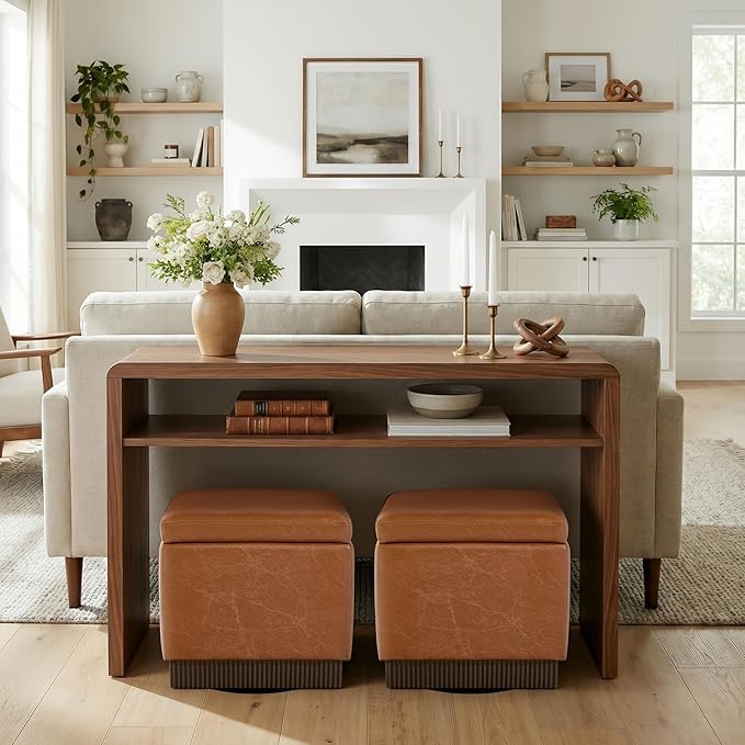 Swivel Storage Ottoman with Hidden Compartment, Square Faux Leather Footstool, Solid Acacia Wood Frame, 500 lbs Capacity, No Assembly Required, for Living Room & Bedroom
