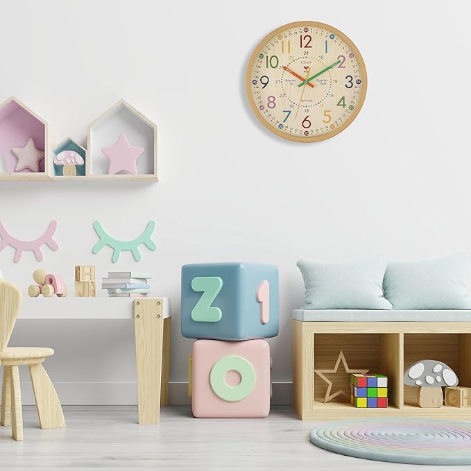 Foxtop Learning Clock for Kids - Telling Time Teaching Clock 12 Inch Silent Non-Ticking Battery Operated Kids Wall Clock for Kids Room Playroom Nursery Classroom School