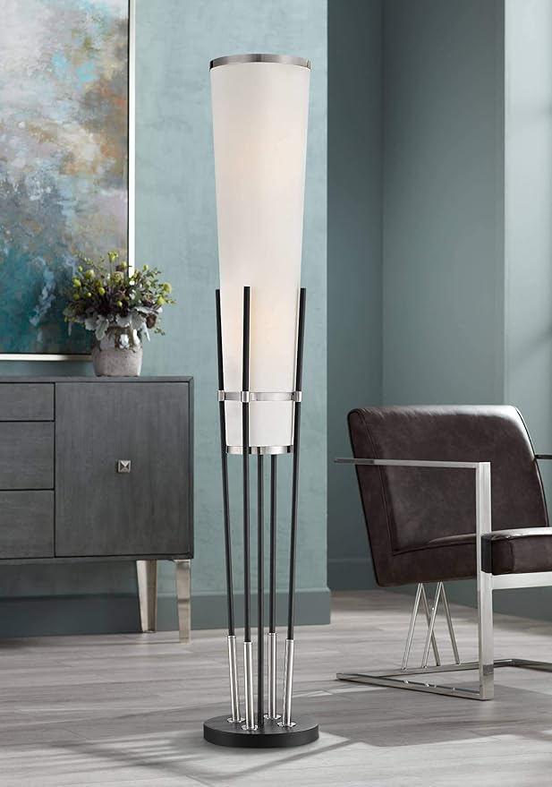 Possini Euro Design Flute Modern Torchiere Floor Lamp Standing 64" Tall Sleek Satin Black Brushed Nickel Metal White Sculptural Linen Shade for Living Room Reading House Bedroom Home Office
