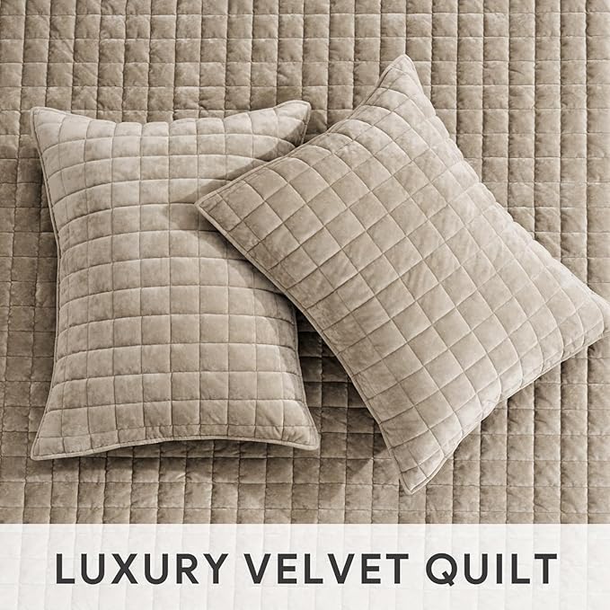 RECYCO Luxury Velvet Quilt Set King Size Bedding Sets, Ultra Soft Velvet Comforter Set, Lightweight Channel Box Stitch Oversized Bedspread Coverlet for All Season, with 2 Shams, Urban Taupe