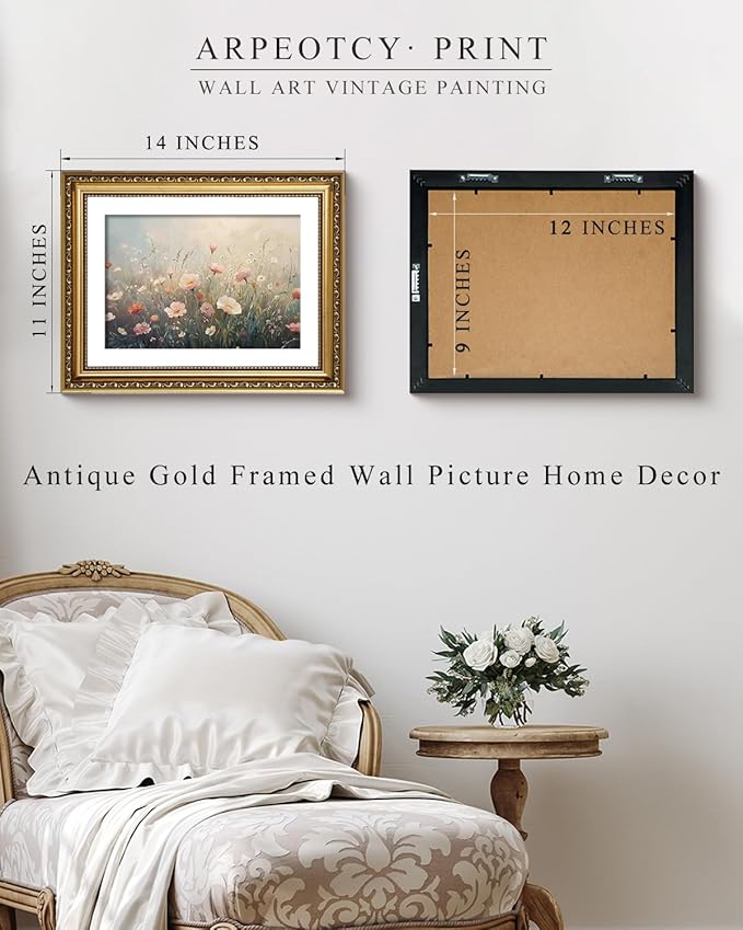 ARPEOTCY Vintage Gold Framed Wall Art Decor, Colorful Wildflower Picture, Vintage Flower Wall Art for Living Room Bedroom Office, Canvas Print Painting, Retro Bathroom Decor, 11x14 Inch