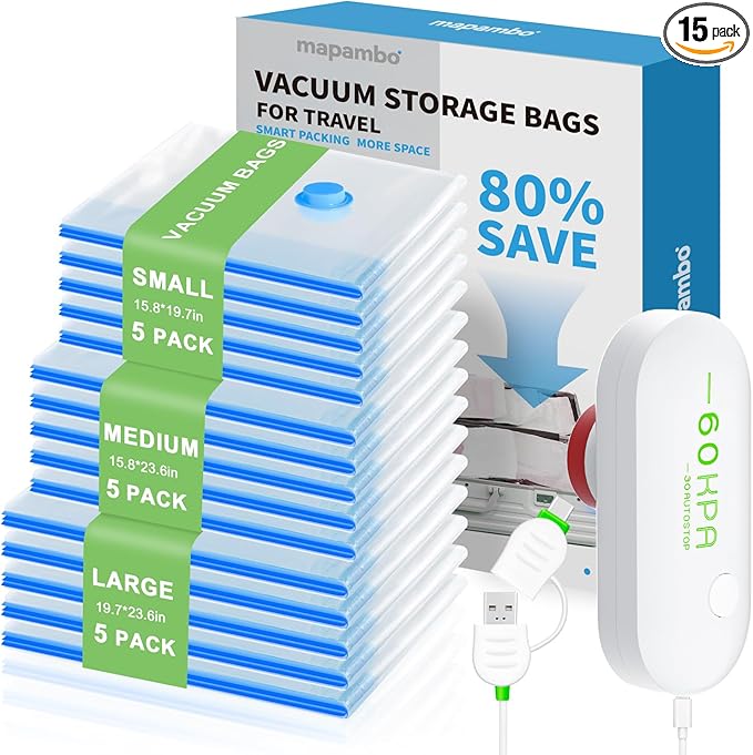 Mapambo 15 Pack Vacuum Storage Bags with -60000Pa USB Pump, Vacuum Seal Bags for Clothing Travel, Space Saver Vacuum Seal Bags for Clothing, Compression Bags for Clothes (15 Combo Size)
