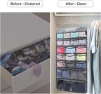 Dual Sided Hanging Organizer for Jewelry Makeup Storage Closet Organizers for Bows Socks Underwear with 42 Clear Pockets (GREY)