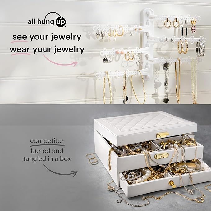 6-Tier 6" Wall Jewelry Organizer, Command Strips included for Easy Hanging, 120 Hole Earring Organizer, Necklace Organizer, Bracelet Holder, Ring Holder, Rotating Branches (White Small)